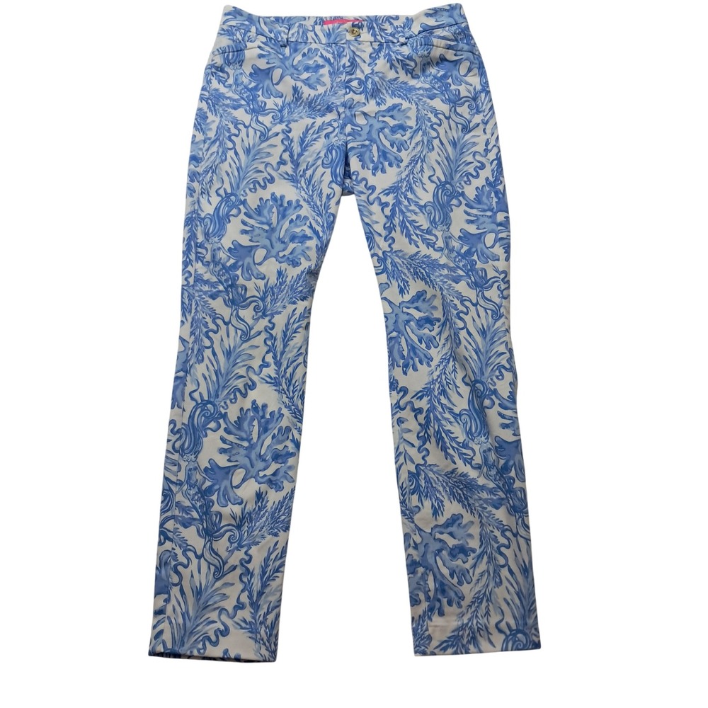 Lilly Pulitzer Pants Womens 8 Blue White Ankle Coral Seaweed Coastal Preppy